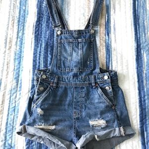 Distressed Denim Overalls - Size 2